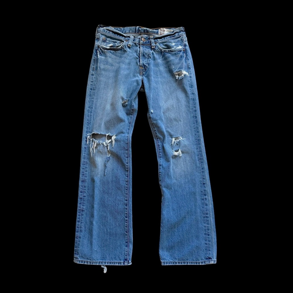 90's Hollister Distressed Straight Leg Jeans Blue Denim 32x32 Button Fly Ripped